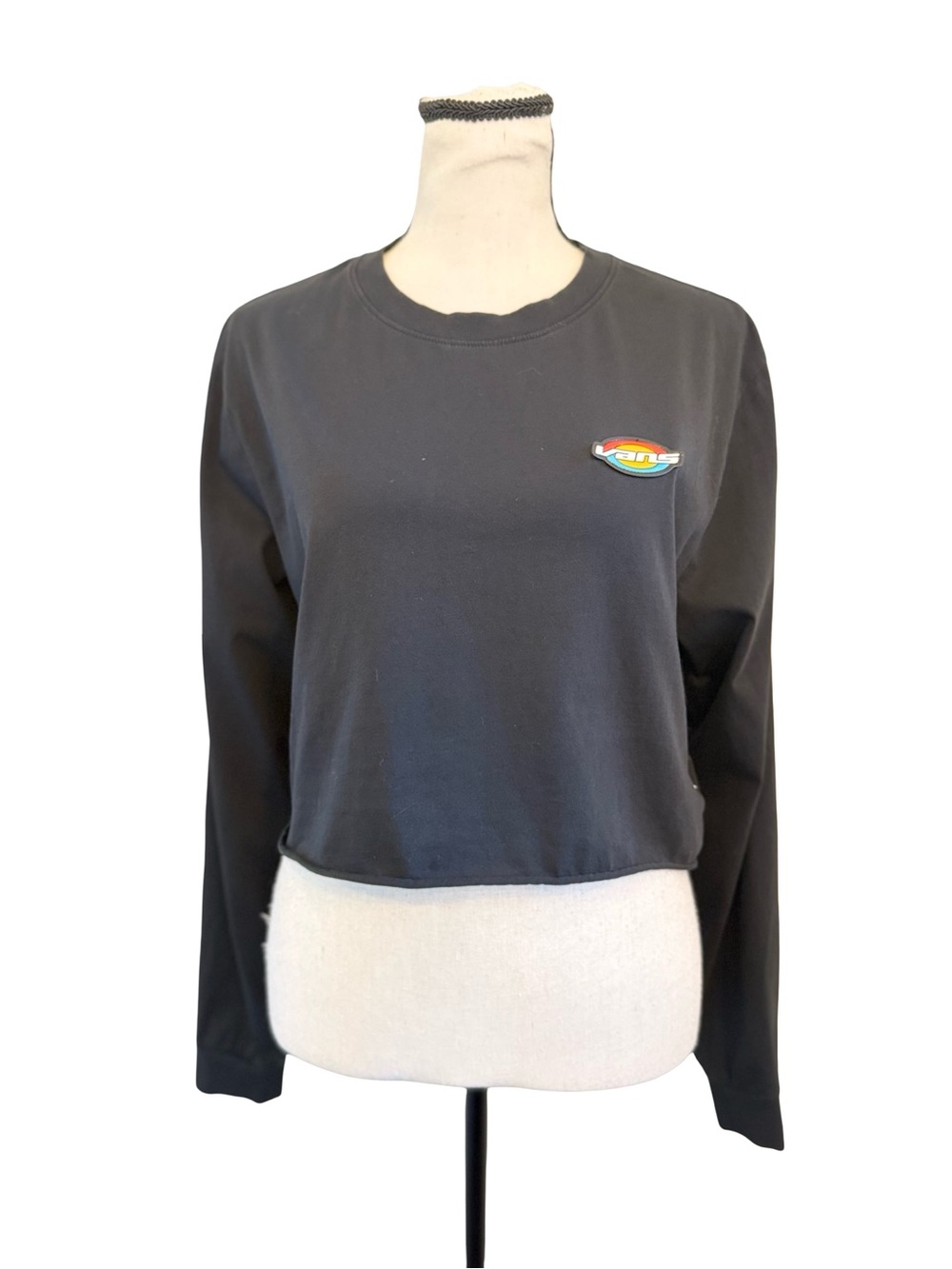 Vans Black Cropped Long Sleeve Tee Off The Wall Rainbow Logo Top Medium